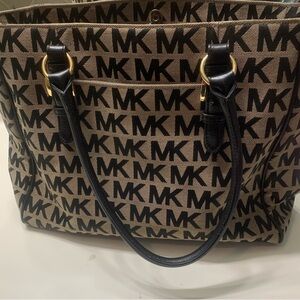 Michael Kors Collection Beige and Black MK Logo Tote with Gold Hardware